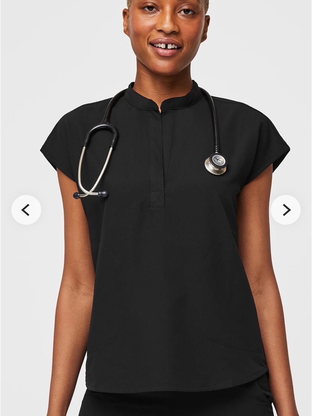 Figs Black Cap-Sleeve Mandarin Collar Medical Top